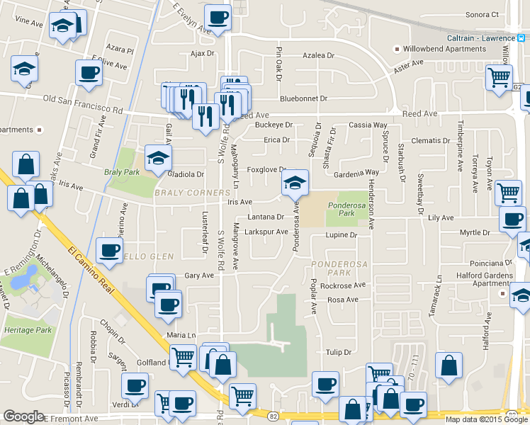 map of restaurants, bars, coffee shops, grocery stores, and more near 945 Lantana Drive in Sunnyvale