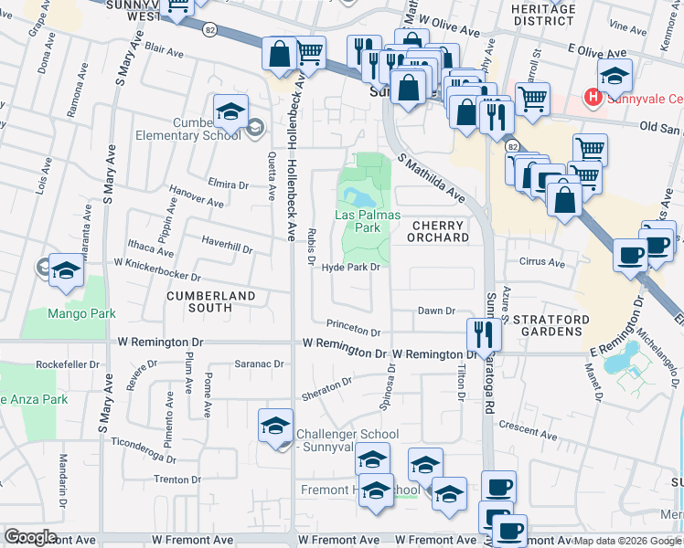map of restaurants, bars, coffee shops, grocery stores, and more near 650 Hyde Park Drive in Sunnyvale