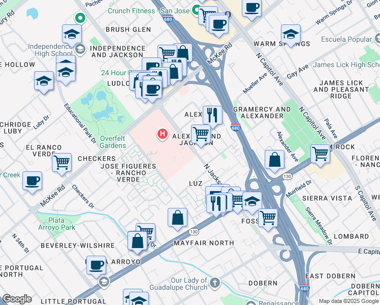 map of restaurants, bars, coffee shops, grocery stores, and more near 175 N Jackson Ave in San Jose