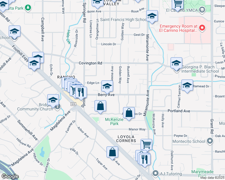 map of restaurants, bars, coffee shops, grocery stores, and more near 1160 Seena Avenue in Los Altos