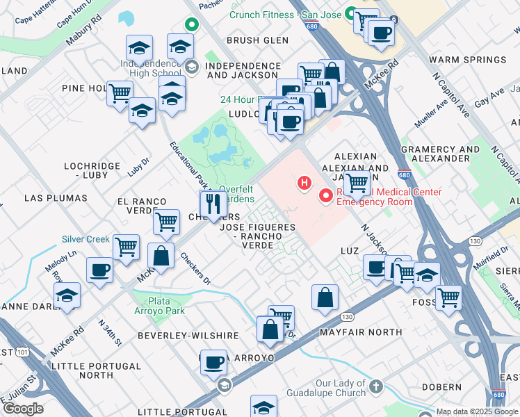 map of restaurants, bars, coffee shops, grocery stores, and more near 2133 Cerro Terbi Court in San Jose