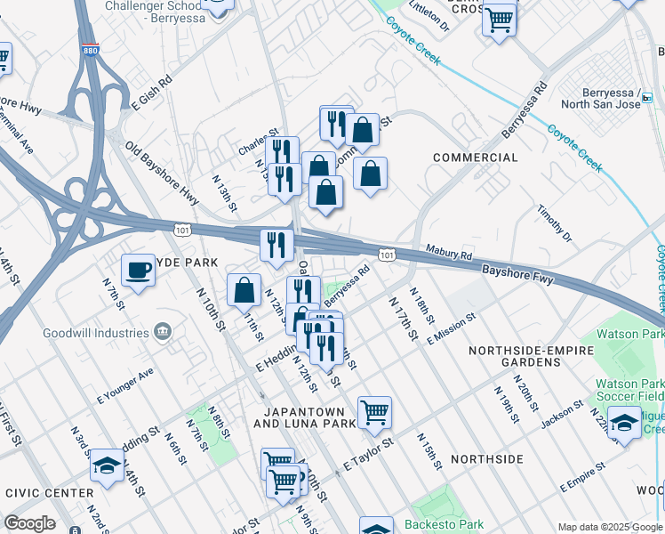 map of restaurants, bars, coffee shops, grocery stores, and more near 757 Modern Ice Drive in San Jose