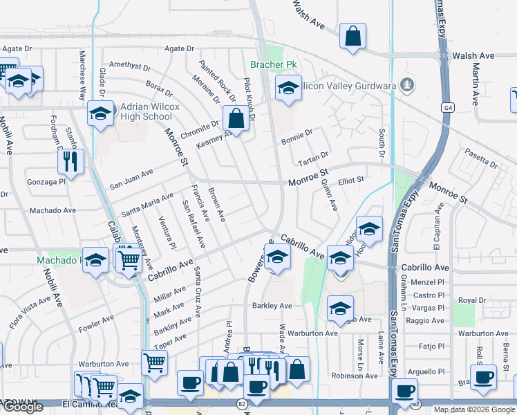 map of restaurants, bars, coffee shops, grocery stores, and more near 2165 Amethyst Drive in Santa Clara