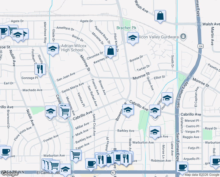map of restaurants, bars, coffee shops, grocery stores, and more near 2847 Addison Place in Santa Clara