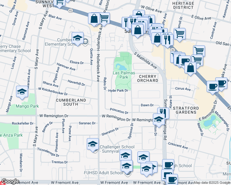 map of restaurants, bars, coffee shops, grocery stores, and more near 650 Hyde Park Drive in Sunnyvale