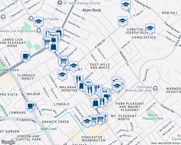 map of restaurants, bars, coffee shops, grocery stores, and more near 10370 Emerick Avenue in San Jose