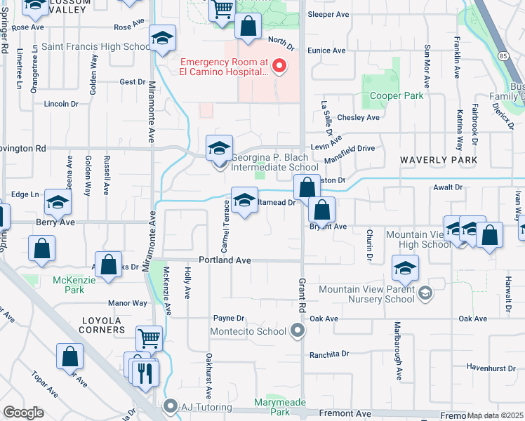 map of restaurants, bars, coffee shops, grocery stores, and more near 1150 Lammy Place in Los Altos