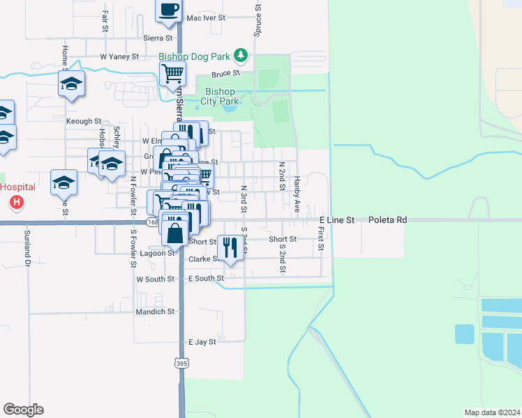 map of restaurants, bars, coffee shops, grocery stores, and more near 123 Moffett Drive in Bishop