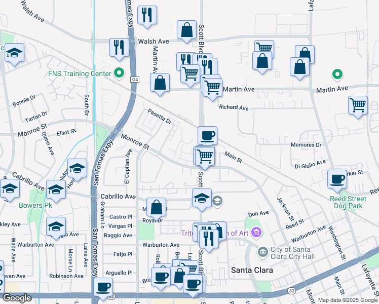 map of restaurants, bars, coffee shops, grocery stores, and more near 2112 Apperson Place in Santa Clara