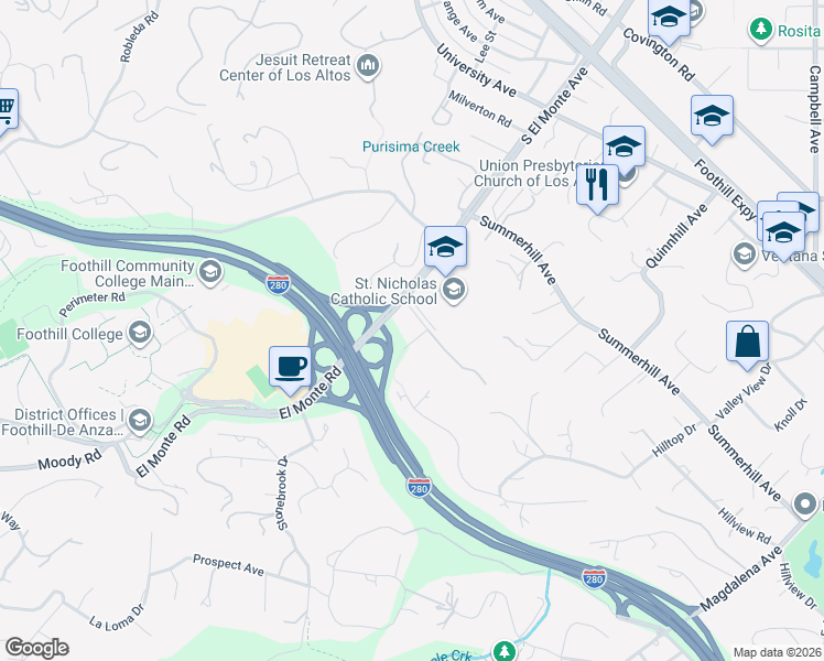 map of restaurants, bars, coffee shops, grocery stores, and more near 12800 Clausen Court in Los Altos Hills