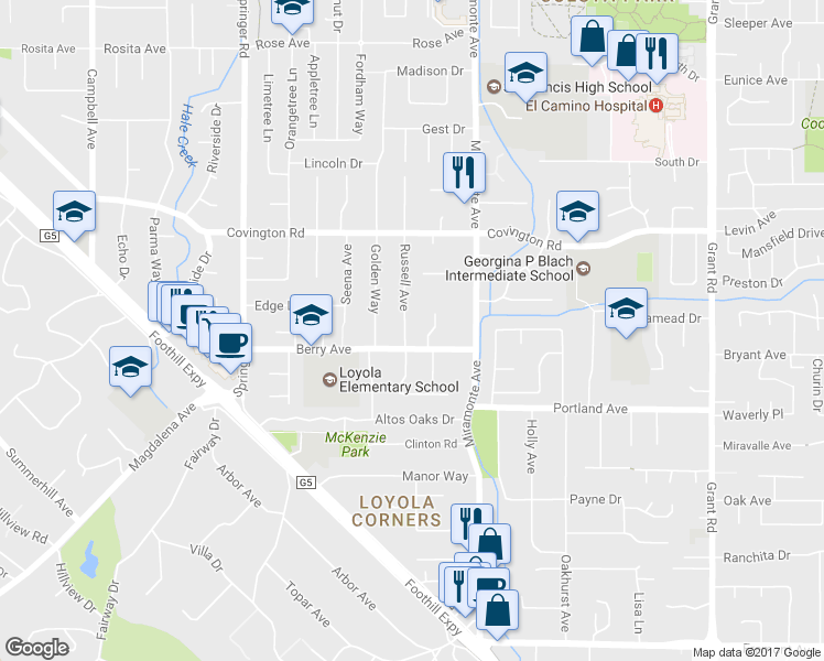 map of restaurants, bars, coffee shops, grocery stores, and more near 1169 Russell Avenue in Los Altos