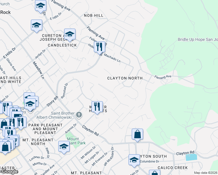 map of restaurants, bars, coffee shops, grocery stores, and more near 1575 Calco Creek Drive in San Jose