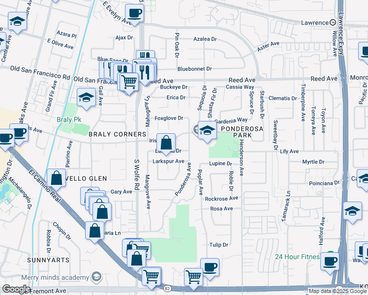 map of restaurants, bars, coffee shops, grocery stores, and more near 973 Lantana Drive in Sunnyvale