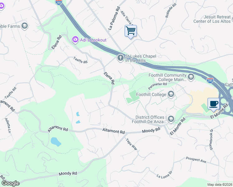 map of restaurants, bars, coffee shops, grocery stores, and more near 25751 Elena Road in Los Altos Hills