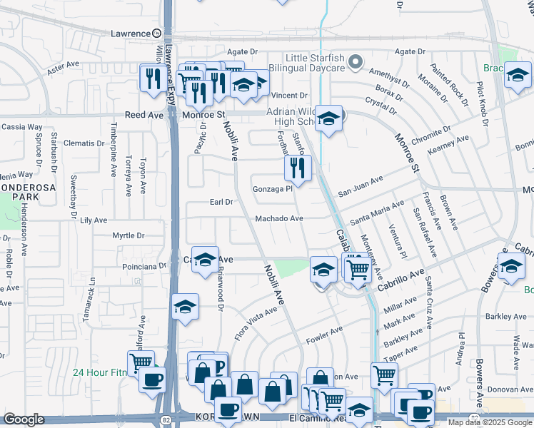map of restaurants, bars, coffee shops, grocery stores, and more near 3409 Machado Avenue in Santa Clara