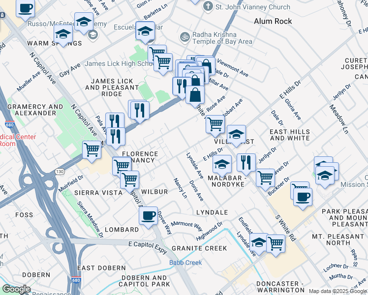 map of restaurants, bars, coffee shops, grocery stores, and more near 2989 Florence Avenue in San Jose