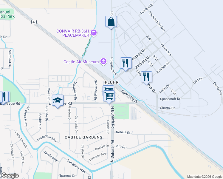 map of restaurants, bars, coffee shops, grocery stores, and more near 6147-6269 Santa Fe Drive in Atwater
