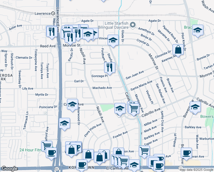 map of restaurants, bars, coffee shops, grocery stores, and more near 3359 Machado Avenue in Santa Clara