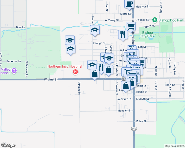 map of restaurants, bars, coffee shops, grocery stores, and more near 201 Home Street in Bishop