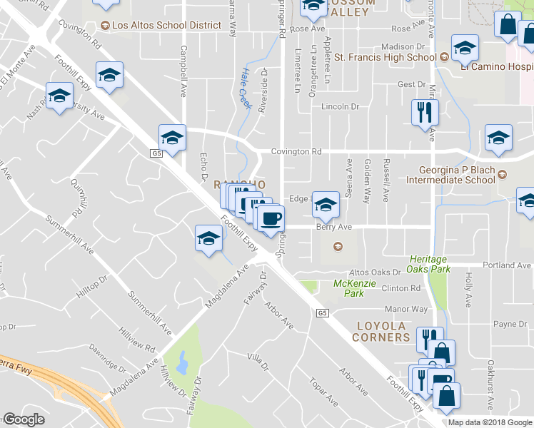 map of restaurants, bars, coffee shops, grocery stores, and more near 675 Berry Avenue in Los Altos