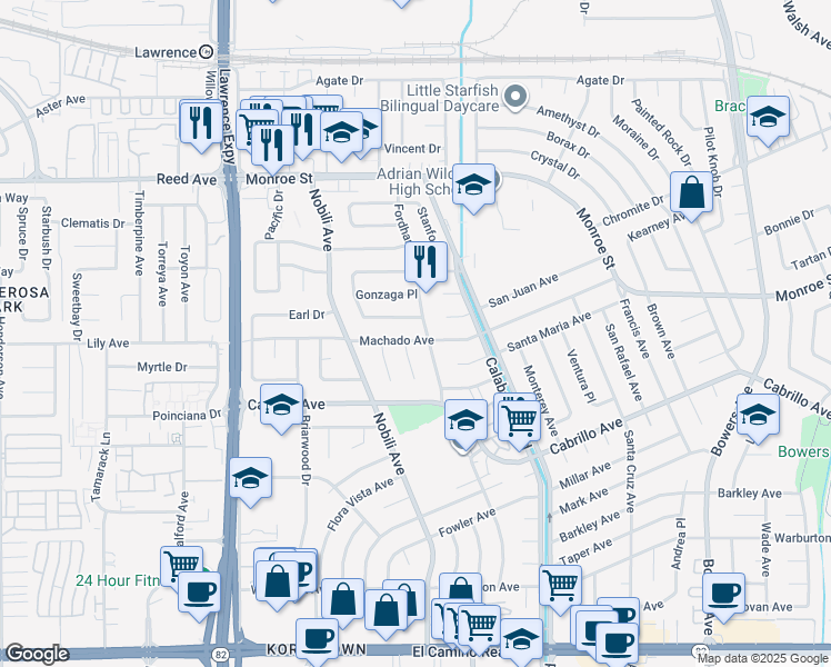 map of restaurants, bars, coffee shops, grocery stores, and more near 3359 Machado Avenue in Santa Clara