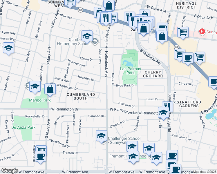 map of restaurants, bars, coffee shops, grocery stores, and more near 888 Hollenbeck Avenue in Sunnyvale