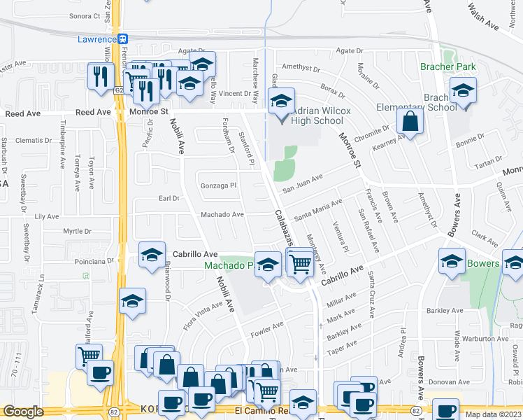 map of restaurants, bars, coffee shops, grocery stores, and more near 3329 Machado Avenue in Santa Clara