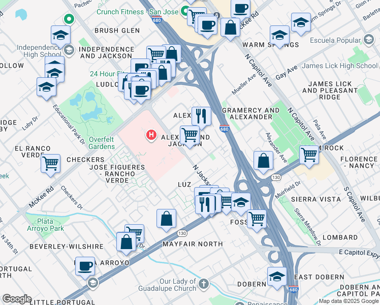 map of restaurants, bars, coffee shops, grocery stores, and more near 150 North Jackson Avenue in San Jose