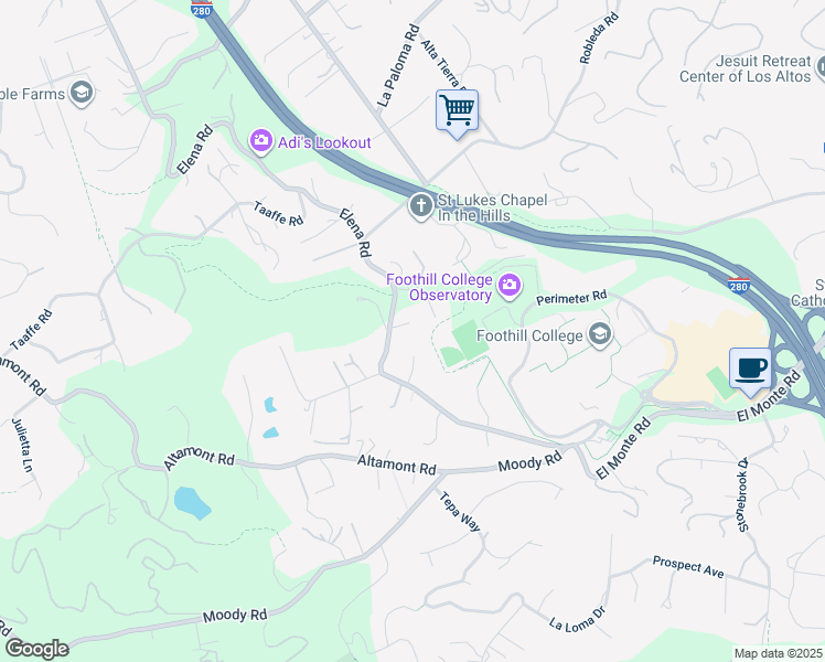 map of restaurants, bars, coffee shops, grocery stores, and more near 25751 Elena Road in Los Altos Hills
