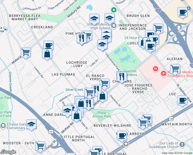 map of restaurants, bars, coffee shops, grocery stores, and more near 313 Checkers Dr in San Jose