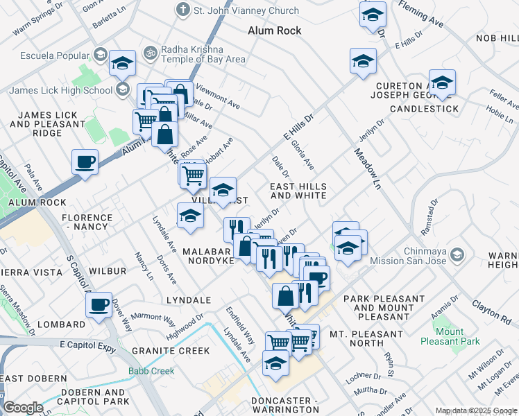 map of restaurants, bars, coffee shops, grocery stores, and more near 10370 Emerick Avenue in San Jose