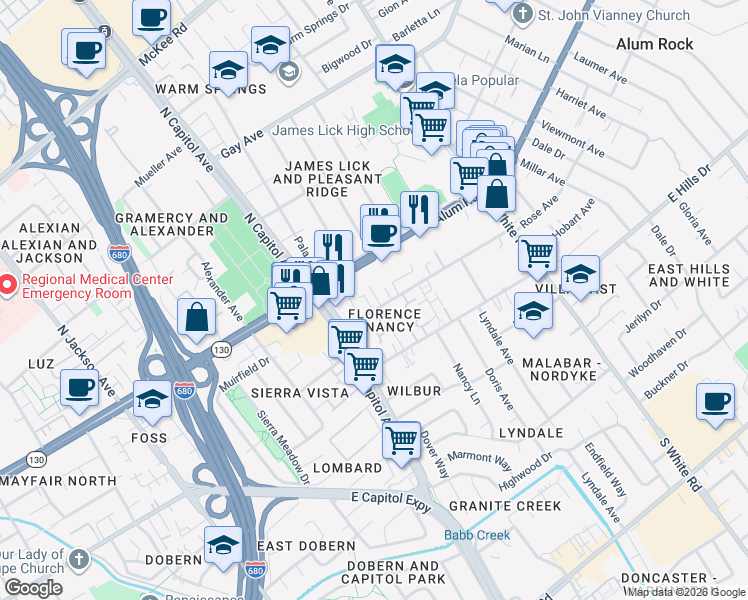 map of restaurants, bars, coffee shops, grocery stores, and more near 75 Keever Court in San Jose