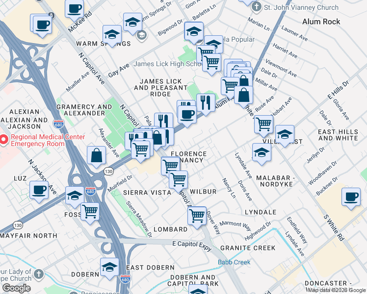 map of restaurants, bars, coffee shops, grocery stores, and more near in San Jose