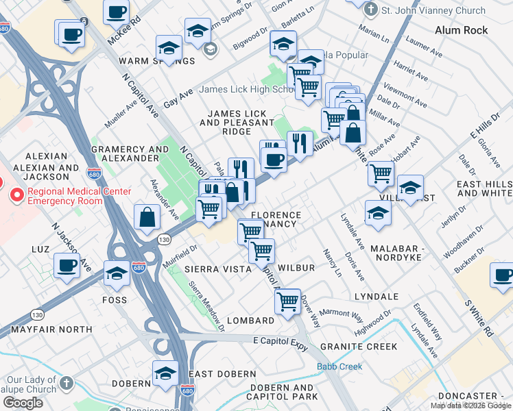 map of restaurants, bars, coffee shops, grocery stores, and more near in San Jose