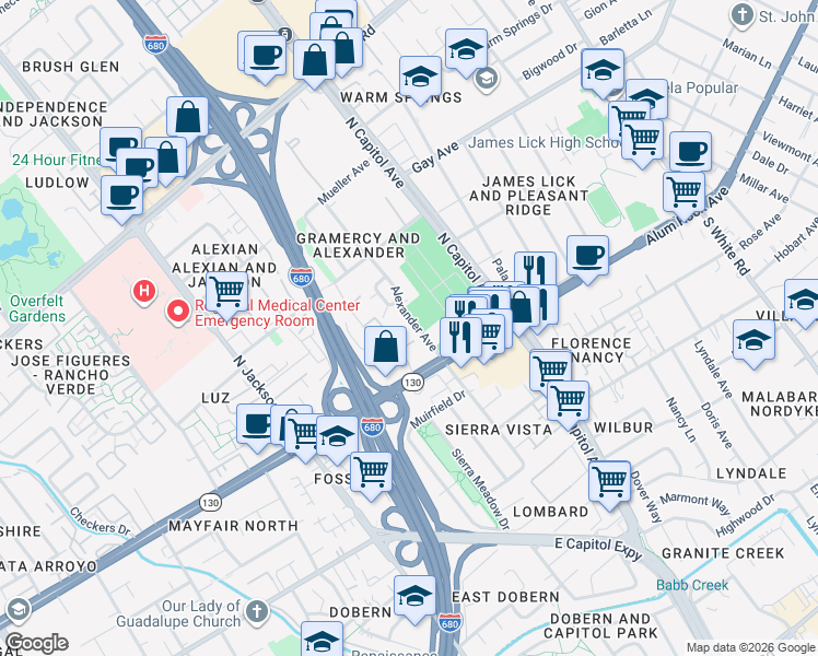 map of restaurants, bars, coffee shops, grocery stores, and more near 25 Alexander Avenue in San Jose