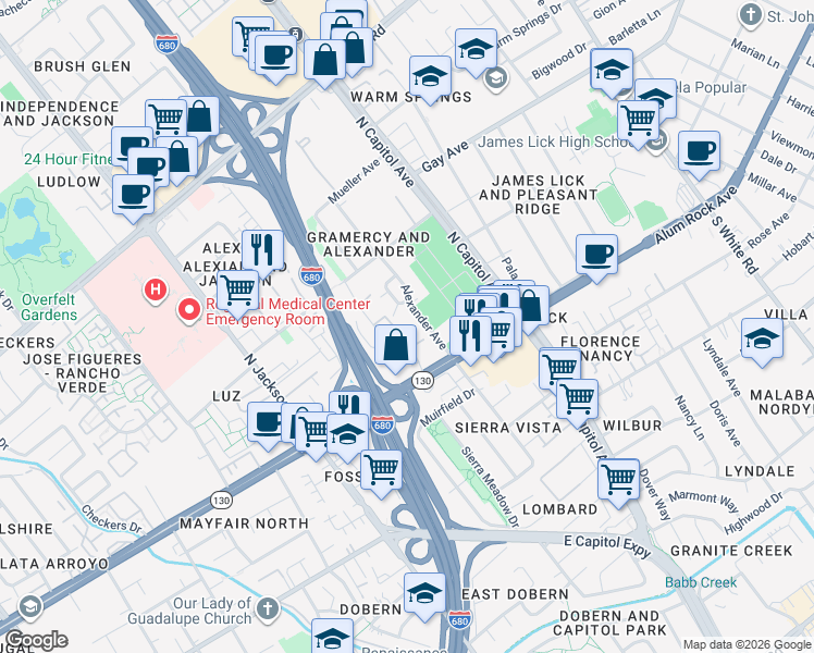 map of restaurants, bars, coffee shops, grocery stores, and more near 180 Monte Verano Court in San Jose