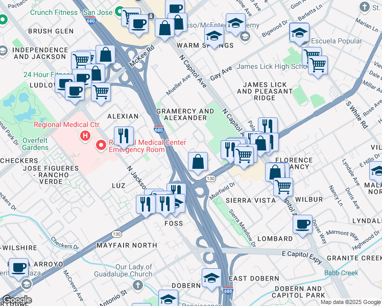 map of restaurants, bars, coffee shops, grocery stores, and more near 180 Monte Verano Court in San Jose