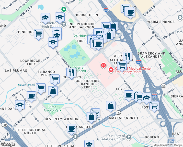 map of restaurants, bars, coffee shops, grocery stores, and more near 2133 Cerro Terbi Court in San Jose
