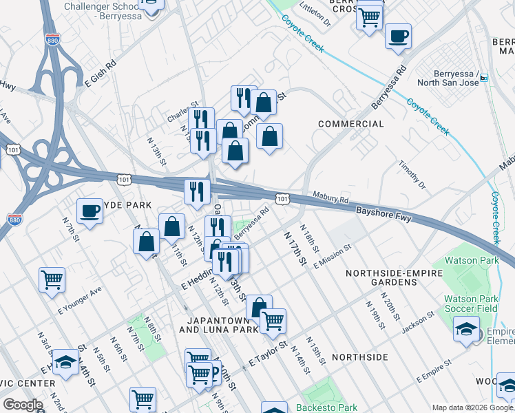 map of restaurants, bars, coffee shops, grocery stores, and more near 843 Berryessa Road in San Jose
