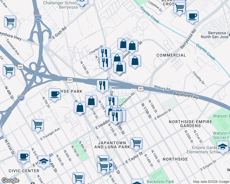 map of restaurants, bars, coffee shops, grocery stores, and more near 961 Pavilion Loop in San Jose