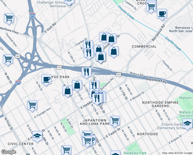 map of restaurants, bars, coffee shops, grocery stores, and more near 961 Pavilion Loop in San Jose