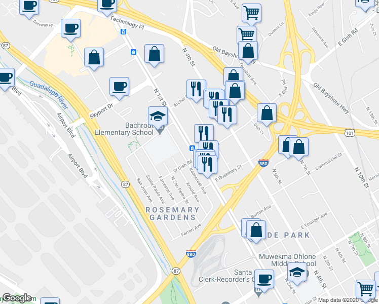 map of restaurants, bars, coffee shops, grocery stores, and more near 1435 Keoncrest Avenue in San Jose