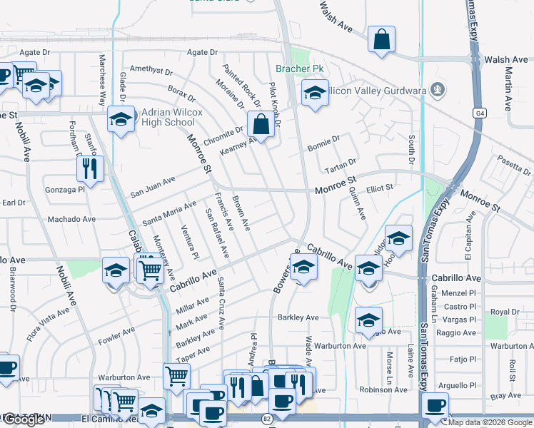 map of restaurants, bars, coffee shops, grocery stores, and more near 2847 Addison Place in Santa Clara