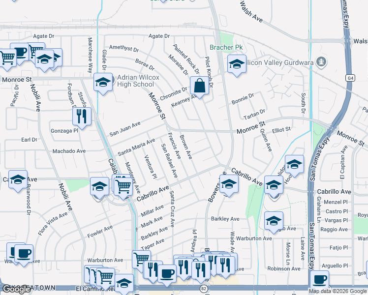 map of restaurants, bars, coffee shops, grocery stores, and more near 2175 Francis Avenue in Santa Clara