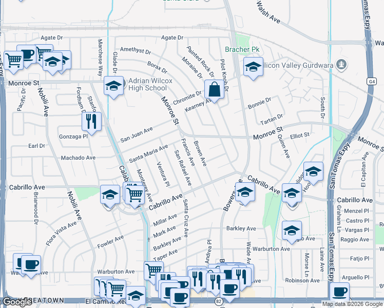 map of restaurants, bars, coffee shops, grocery stores, and more near 2175 Francis Avenue in Santa Clara