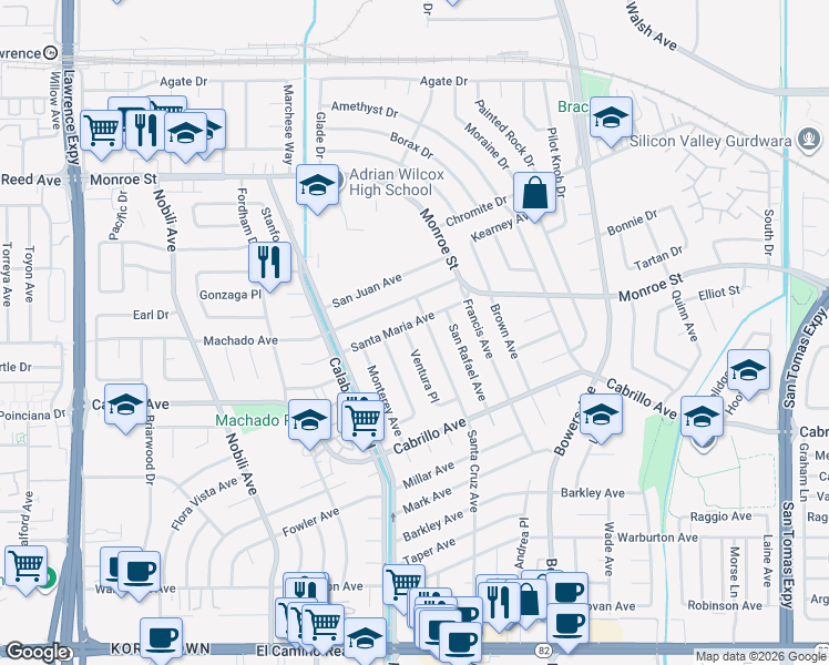 map of restaurants, bars, coffee shops, grocery stores, and more near 2215 Ventura Place in Santa Clara