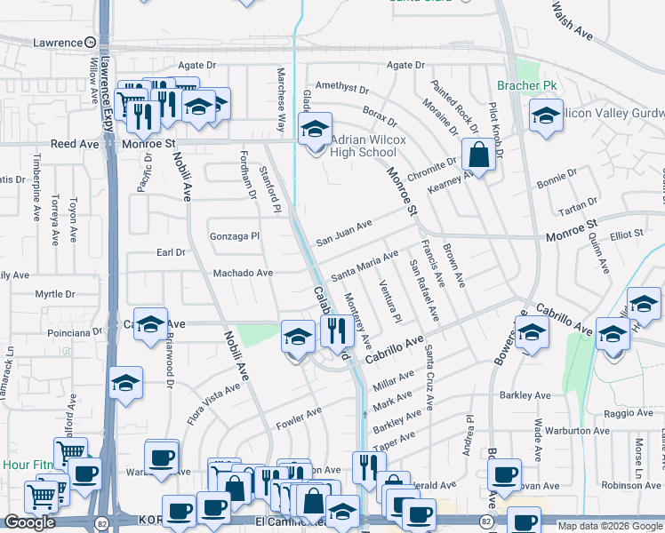 map of restaurants, bars, coffee shops, grocery stores, and more near 2233 Calabazas Boulevard in Santa Clara