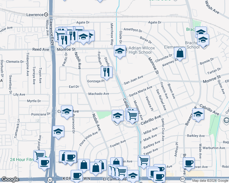 map of restaurants, bars, coffee shops, grocery stores, and more near 3329 Machado Avenue in Santa Clara