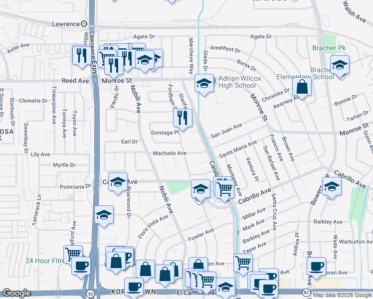 map of restaurants, bars, coffee shops, grocery stores, and more near 3359 Machado Avenue in Santa Clara