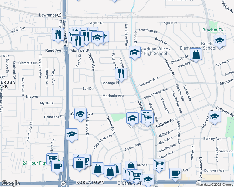 map of restaurants, bars, coffee shops, grocery stores, and more near 3359 Machado Avenue in Santa Clara